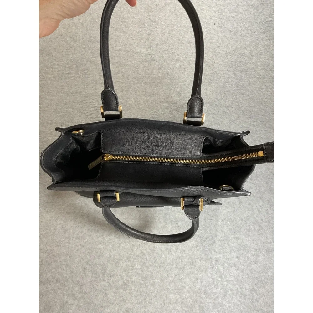 Michael Kors Black Saffiano Leather Satchel Handbag Gold Hardware Push Lock